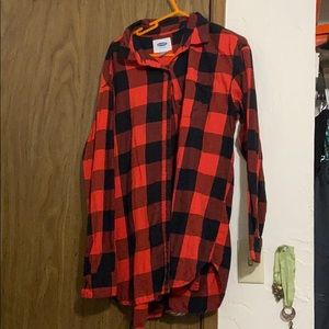 Long red and black plaid button up shirt